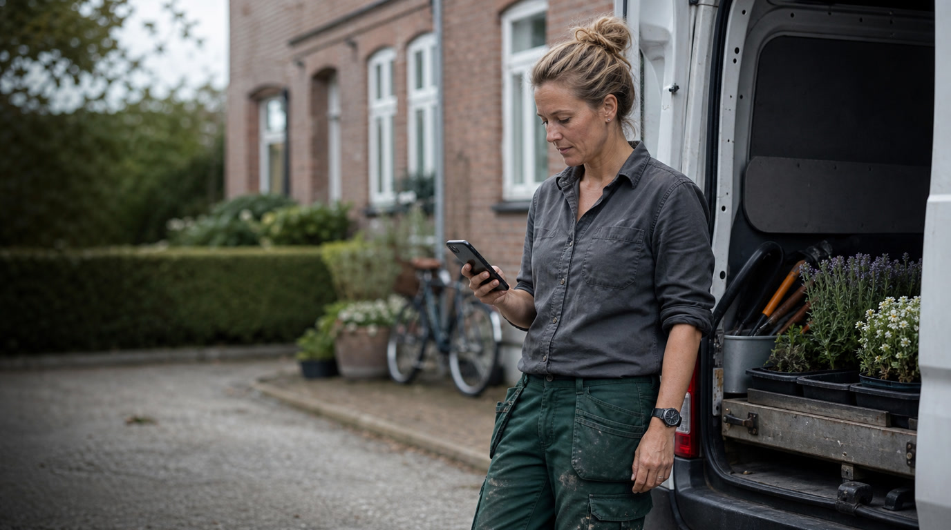 Dansk anlaegsgartner tjekker dagens opgaver paa telefonen