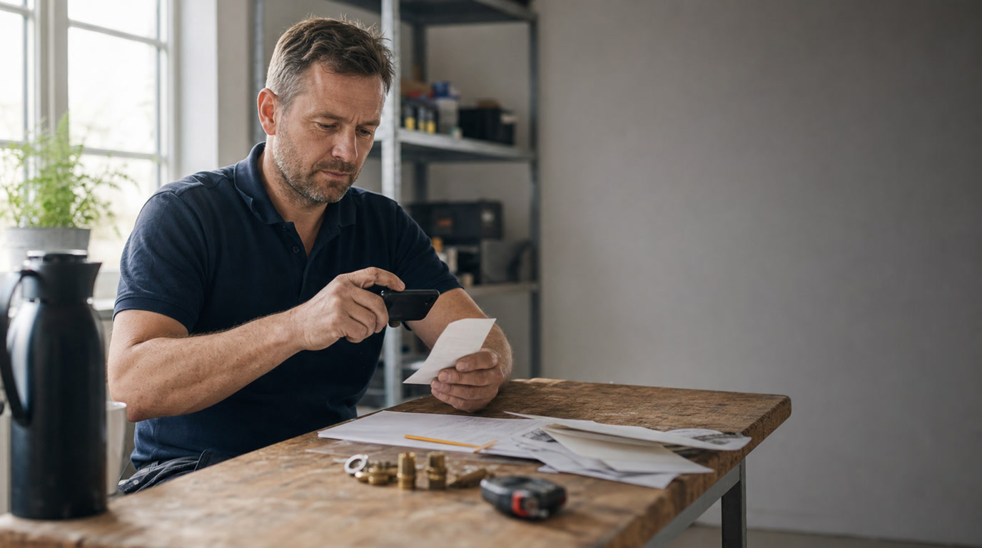 Dansk haandvaerker fotograferer en kvittering paa vaerkstedet
